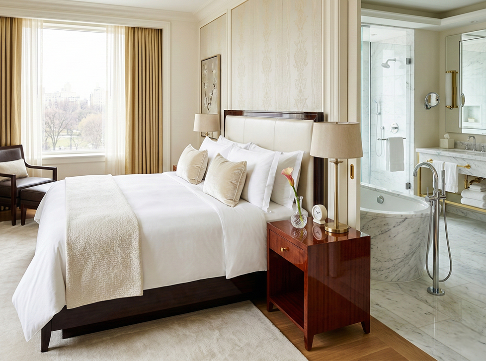 Luxury hotel room with fresh linens and spotless surfaces.
