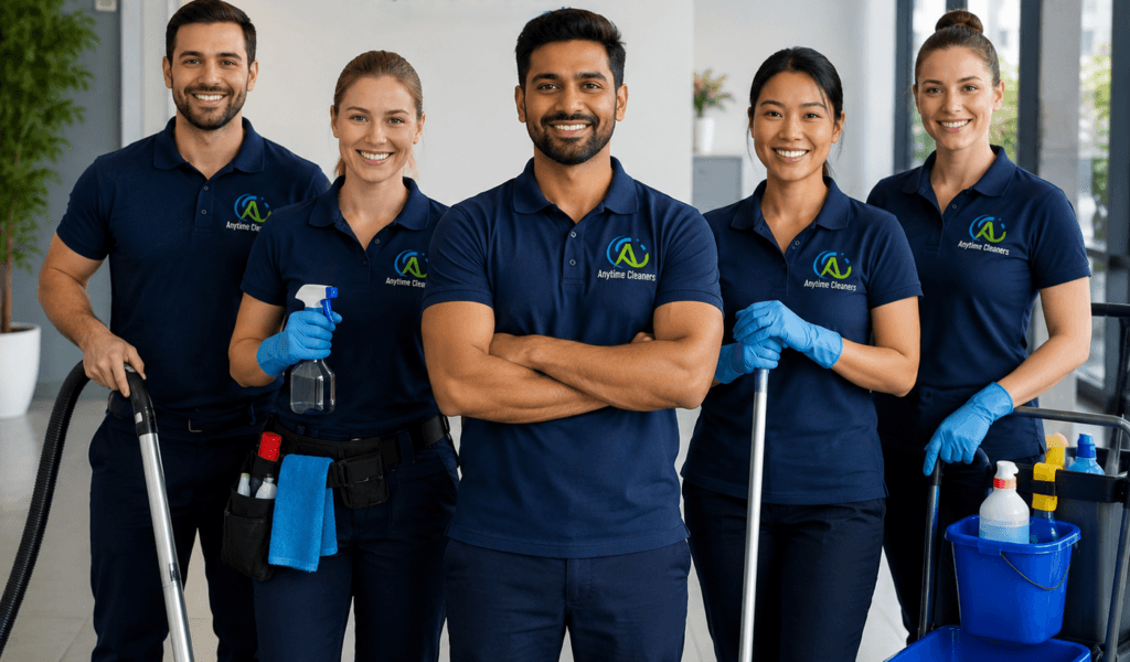 Professional cleaning team for Anytime Cleaners standing together with commercial cleaning supplies