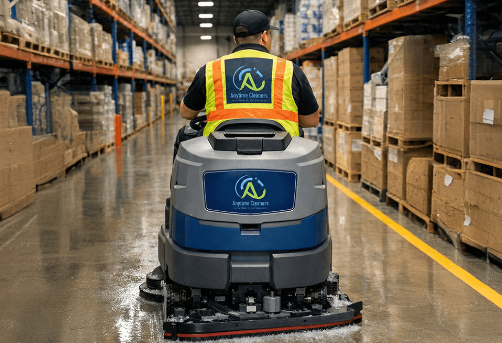 A view from behind of an Anytime Cleaners operator in a high-visibility safety vest driving a large industrial floor scrubber down a warehouse aisle. The concrete floor is wet and shiny from the cleaning process.
