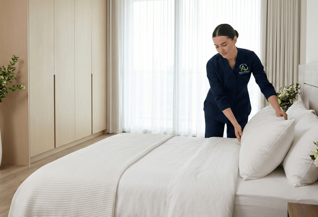 A professional housekeeper from Anytime Cleaners, wearing a navy blue uniform, meticulously arranges crisp white pillows on a freshly made bed in a bright, modern hotel room or upscale residence.