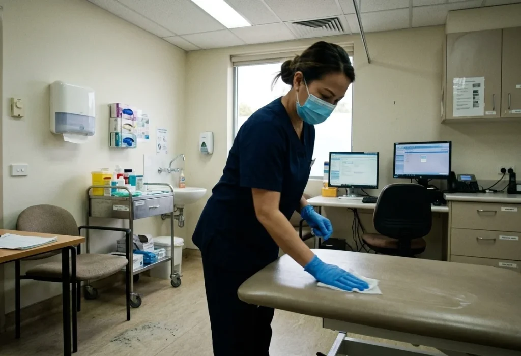 A woman in dark blue scrubs, a face mask, and blue gloves wipes down a medical examination bed with a disinfectant cloth in a clinical room.
