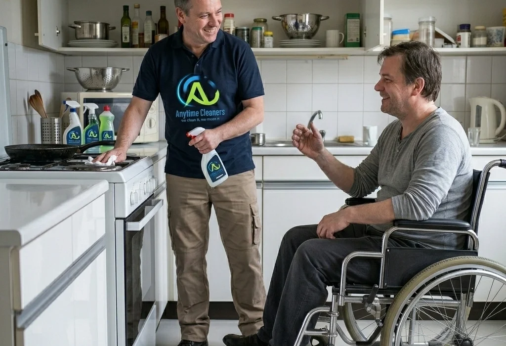 A professional cleaner from "Anytime Cleaners" smiles while wiping a stovetop and chatting with a man in a wheelchair in a bright kitchen.