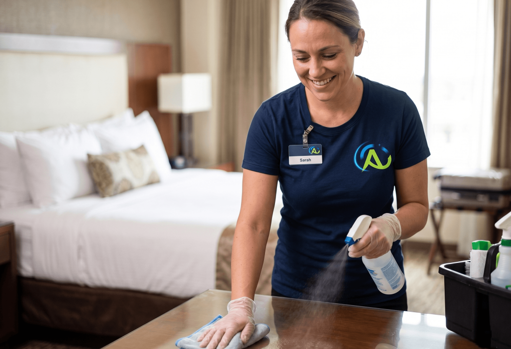 Smiling female housekeeper spraying cleaner and wiping a wooden surface in a luxury hotel bedroom