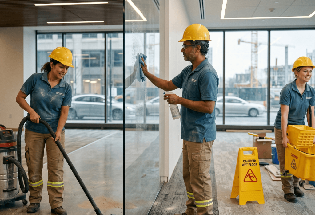 Three post-construction cleaners in hard hats working in a modern office: one vacuuming fine dust, another wiping large glass partitions, and a third carrying a mop bucket